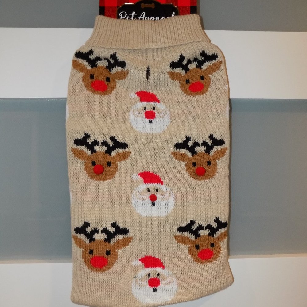 WOOF Reindeer Snowman Beige Knit Sweater Pet Sweater Size L NEW